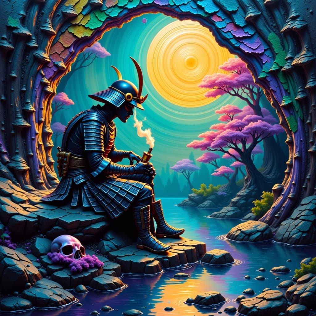 Samurai Contemplation in Iridescent Impasto Style