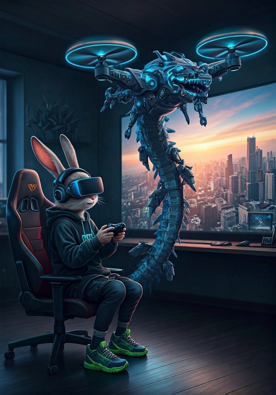 Rabbit Piloting Dragon Drone with VR in Futuristic Style