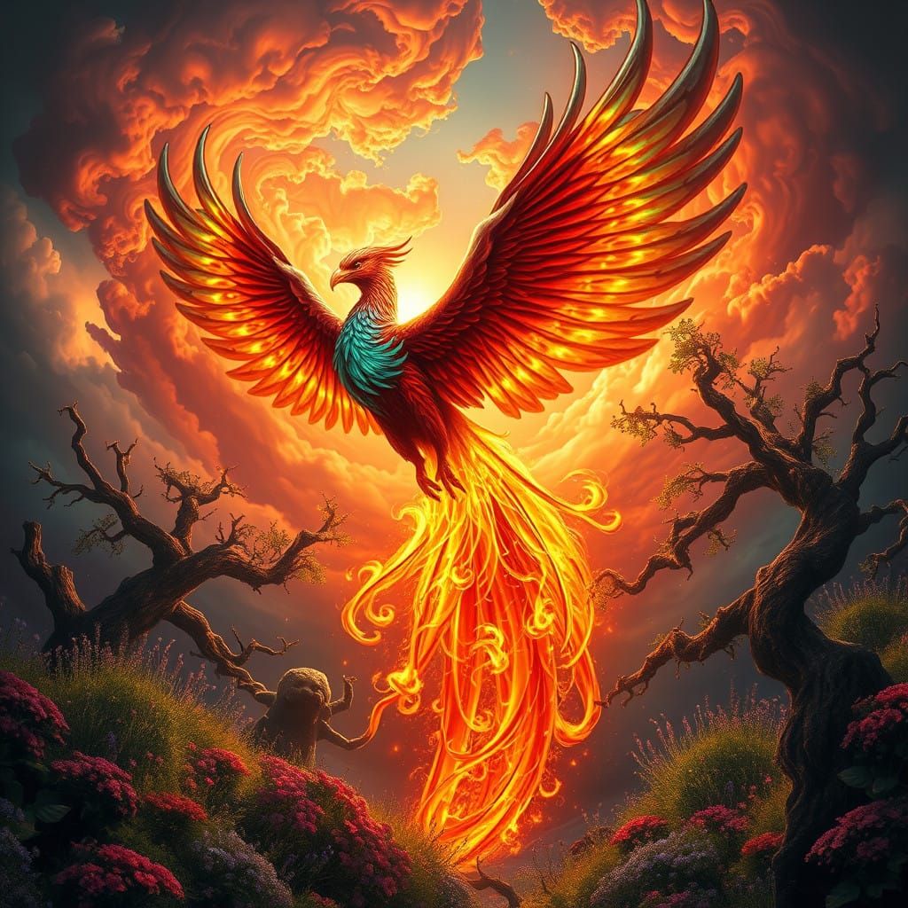 Majestic Phoenix Rises from Flames in Vibrant Landscape