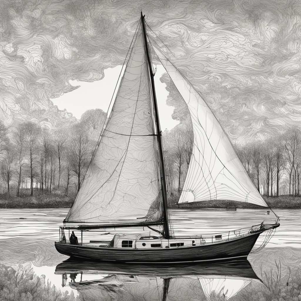 Sailboat Silhouette in Spring, Double Exposure Ink Drawing