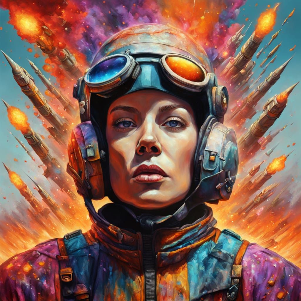 Surreal Missile Woman in Vibrant Oil Painting