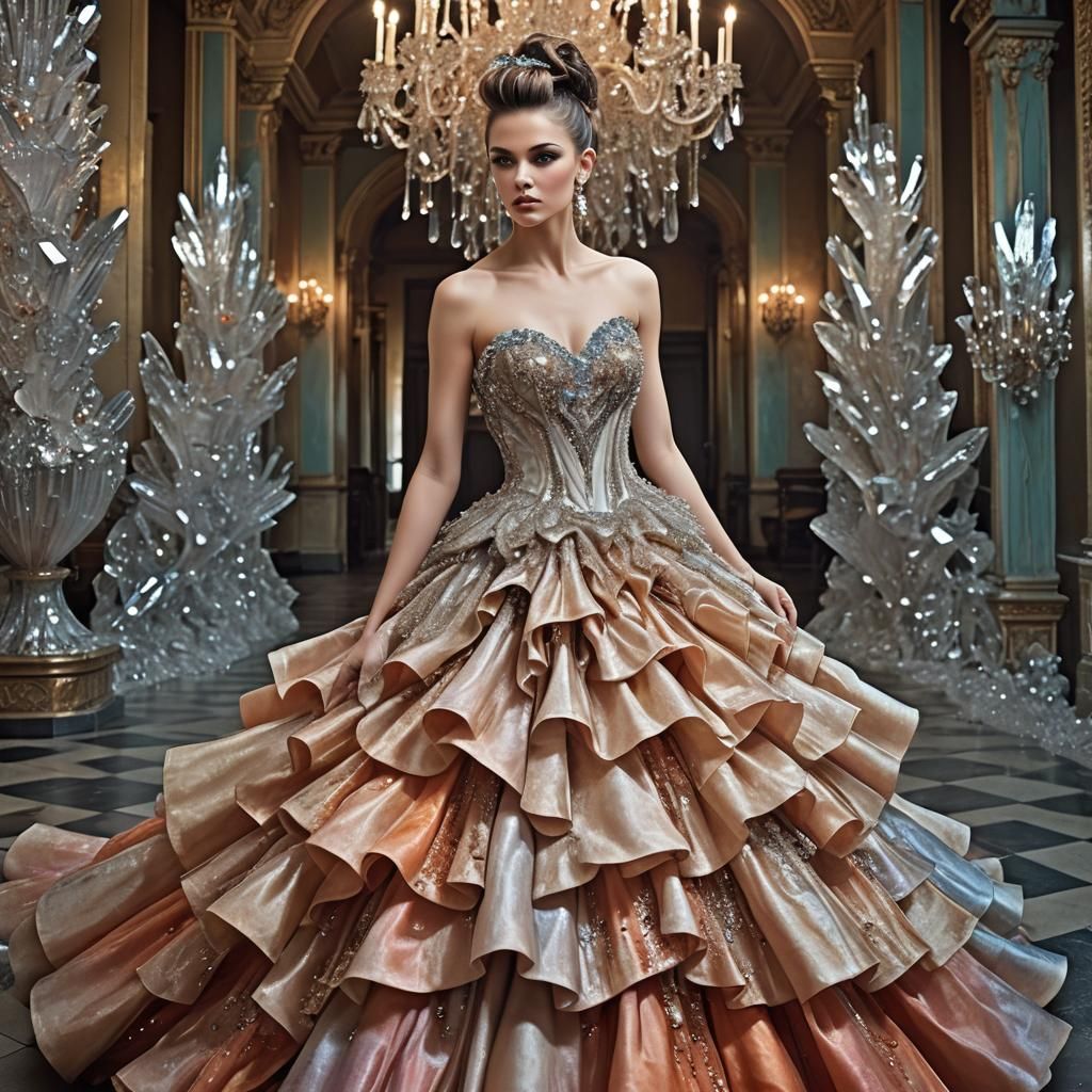 Woman in Fire Opal Crystal Dress, Hyperrealistic