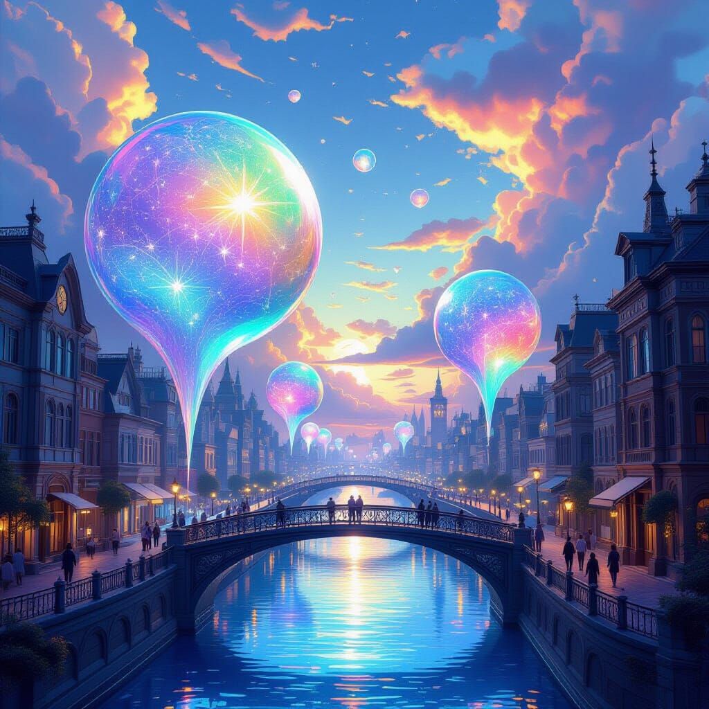 Dreamlike Bubble Cityscape in Art Nouveau Style