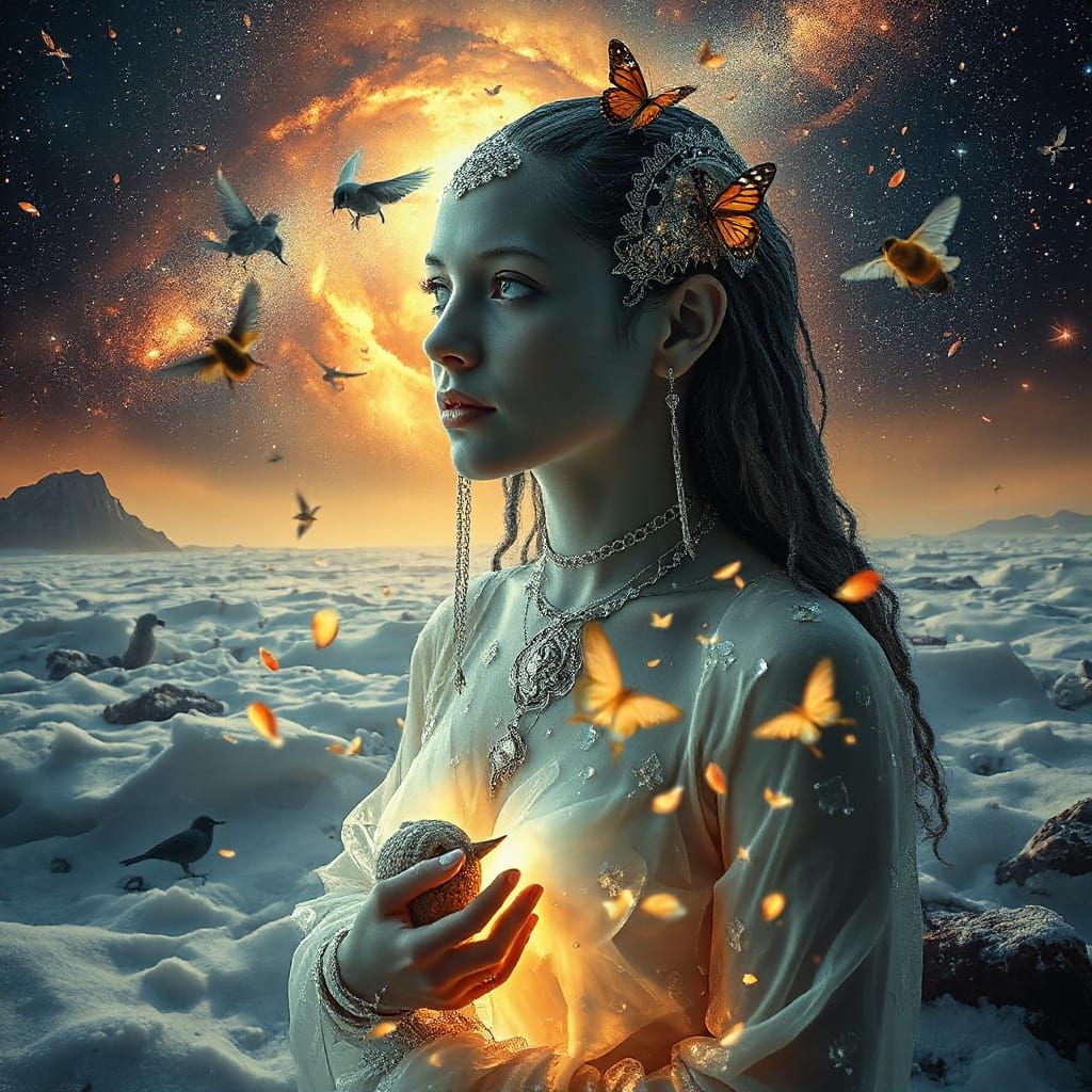 Mystical Shaman in Bioluminescent Oasis with Music Labyrinth