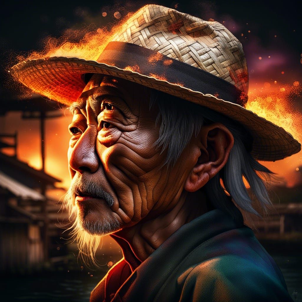 Hyperrealistic Portrait: Japanese Man by Firelight