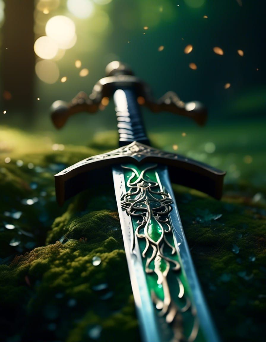 Beautiful Sword with Green Bokeh in Cinematic Style