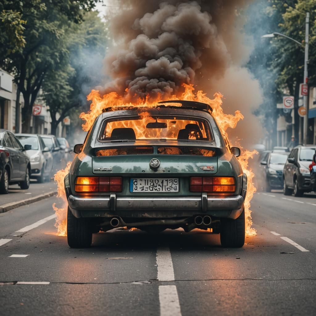 Fiery Car Exhaust Flames Rear View