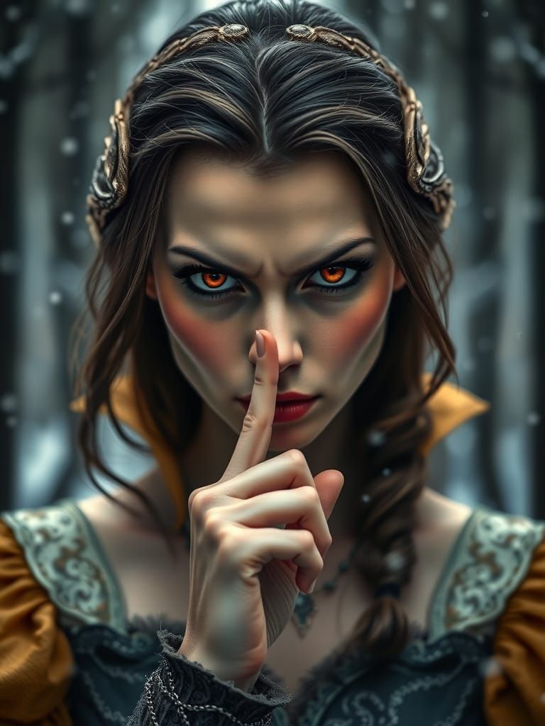 Evil Belle With Piercing Orange Eyes in Winter Forest