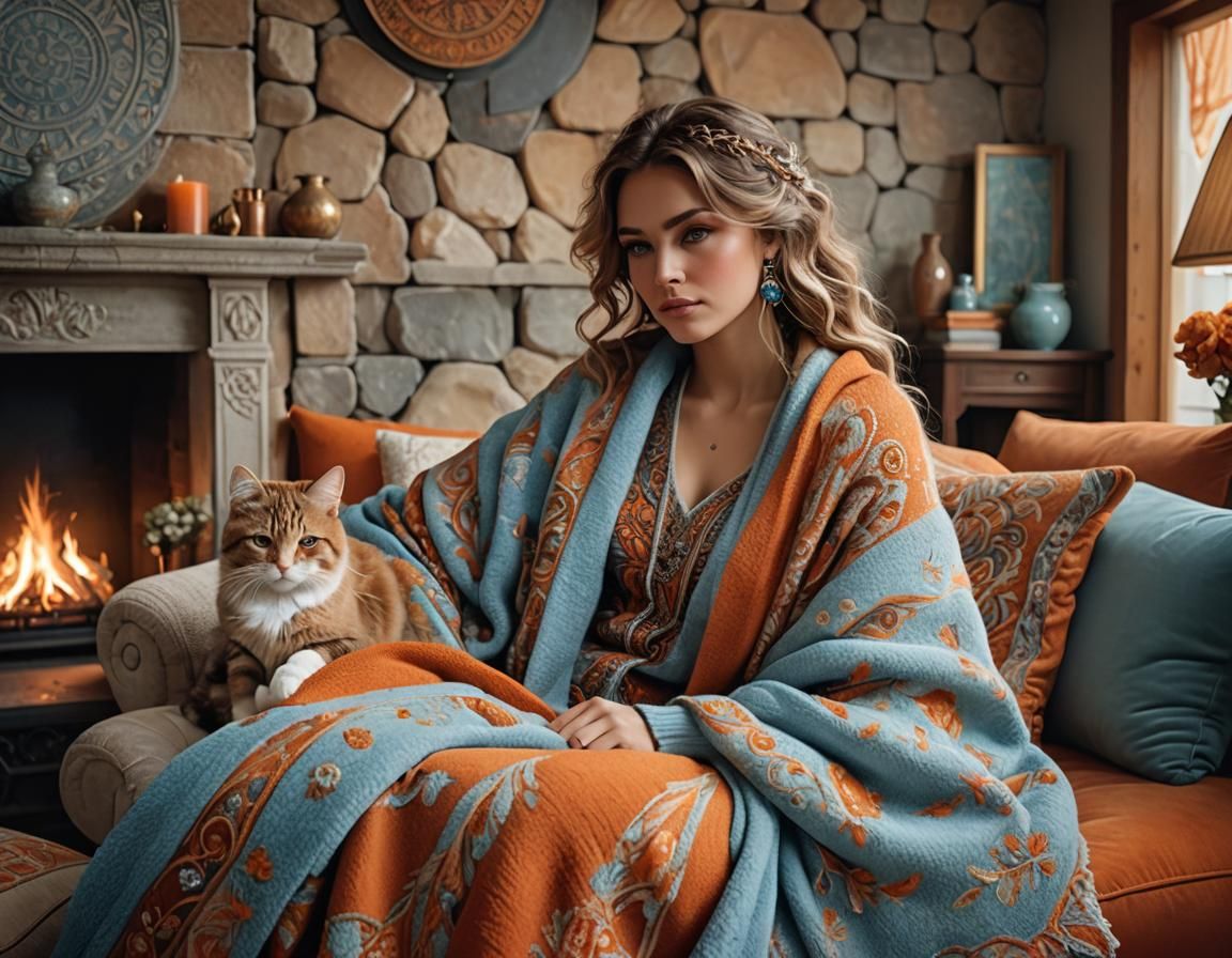 Cozy Girl by Fireplace in Mucha Style