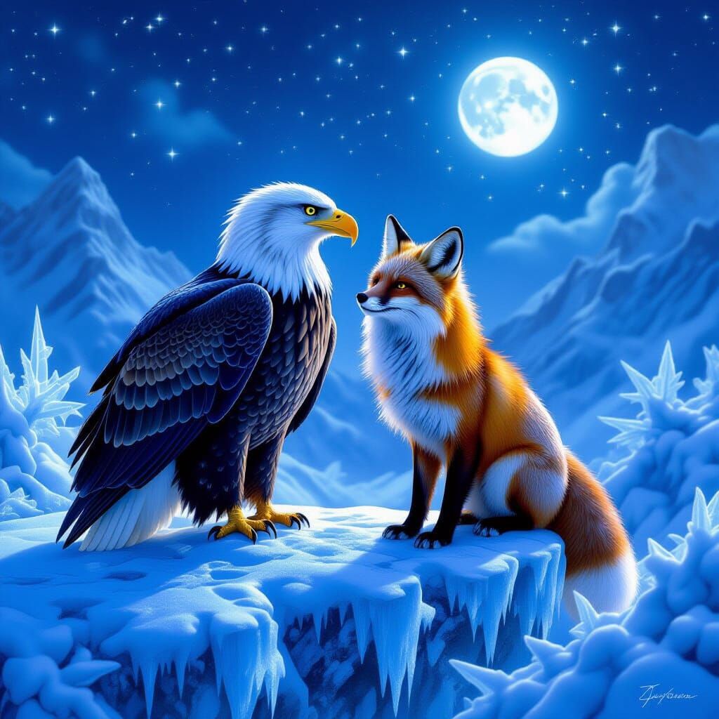 Majestic Ice Eagle and Fox on Frozen Precipice