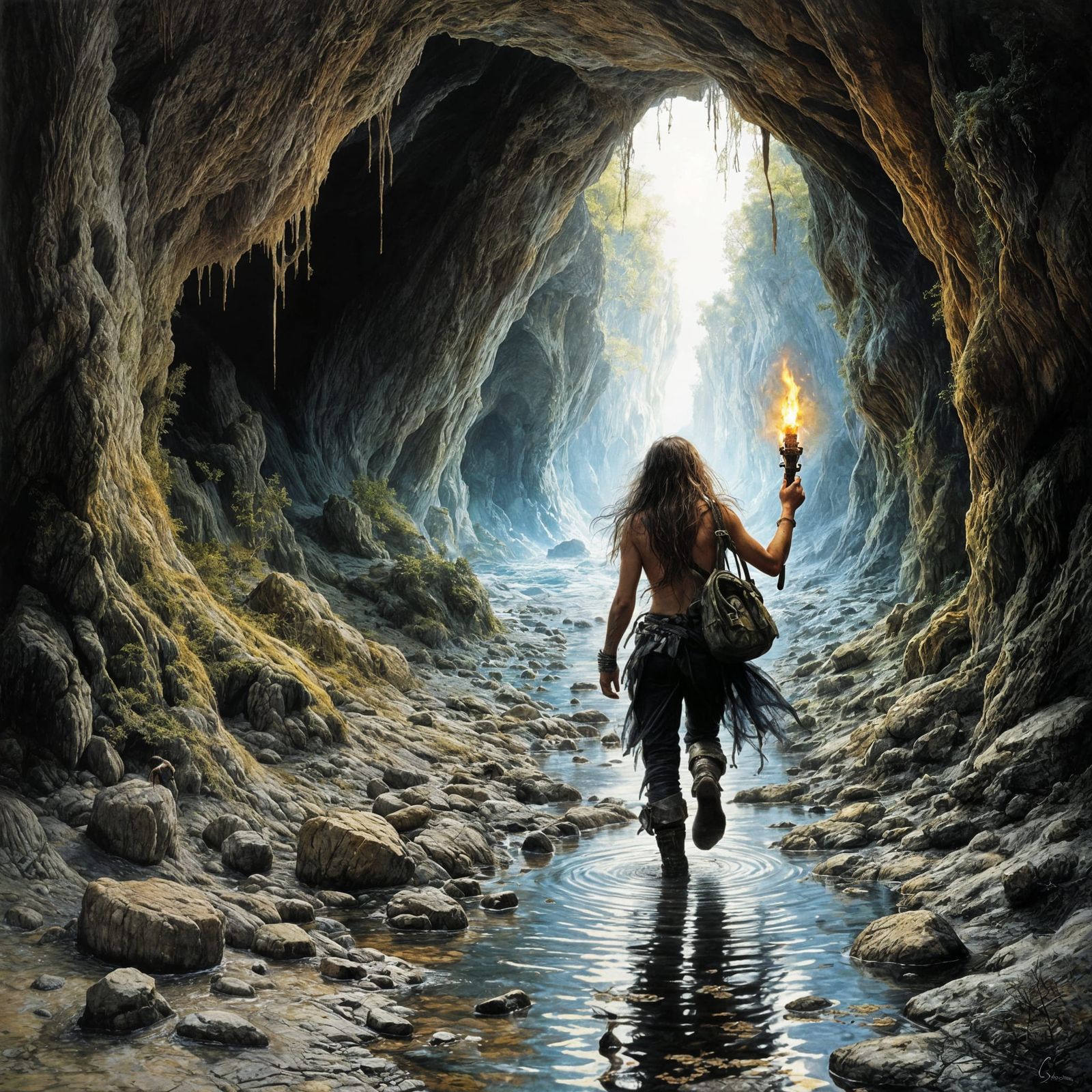 Adventuress in Flooded Cave: Pastel Illustration