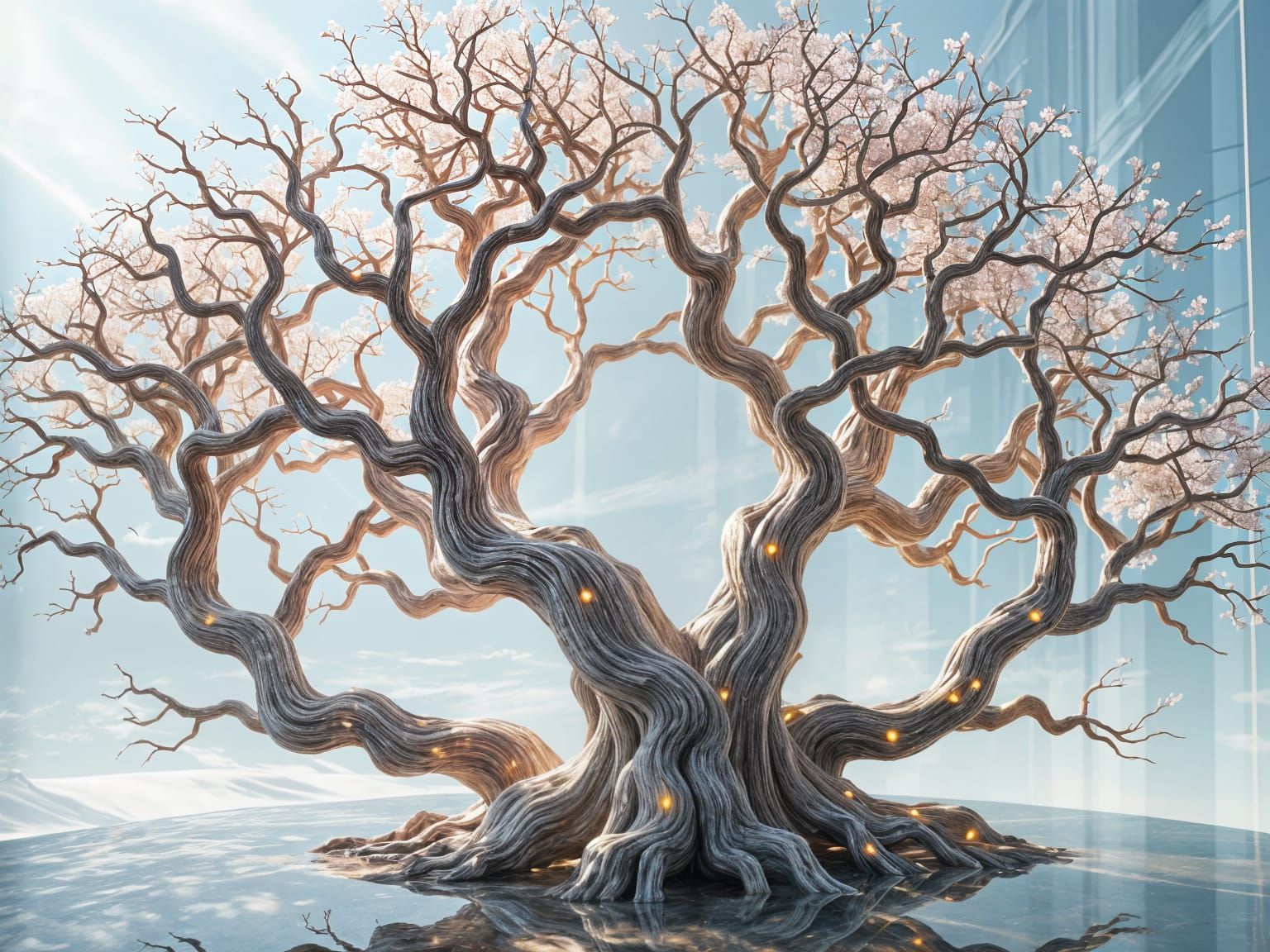 Intricate Trees Form an 8-Shaped Sculpture in Iridescent Gla...