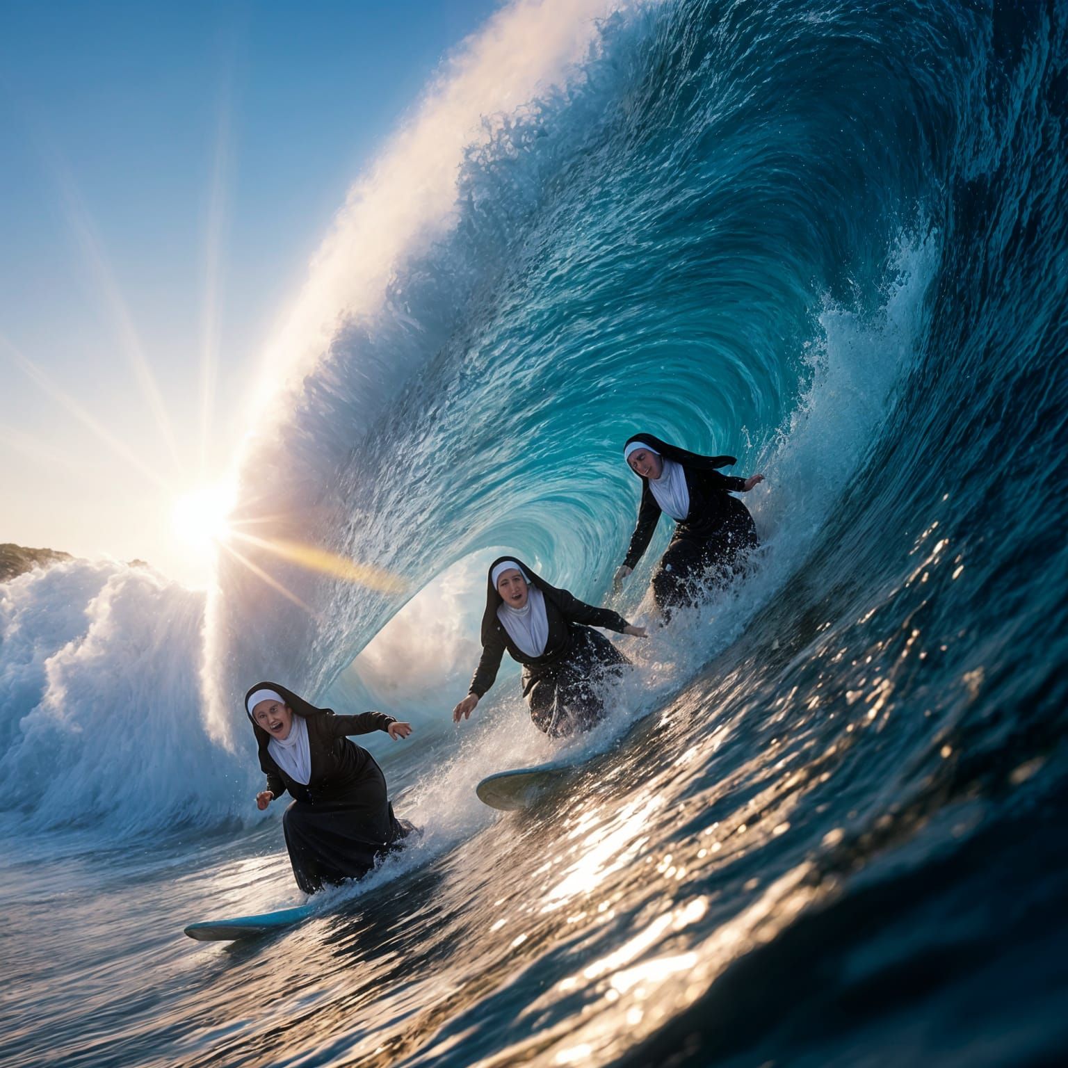 Nuns Ride a Towering Ocean Wave in Hyper-Realistic Style