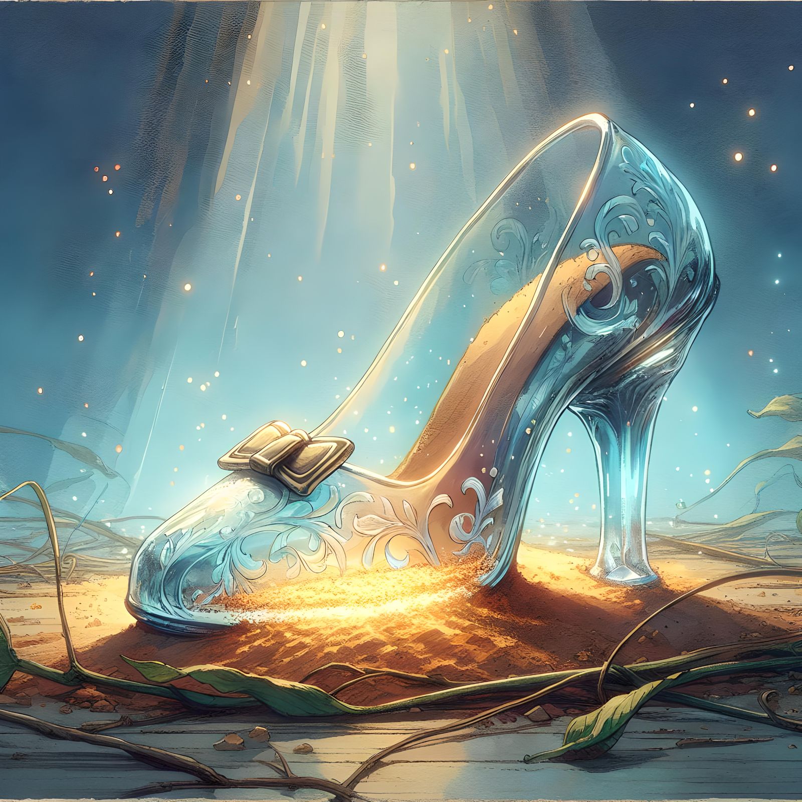 Glass Slipper Filled with Sand: Digital Watercolor Painting