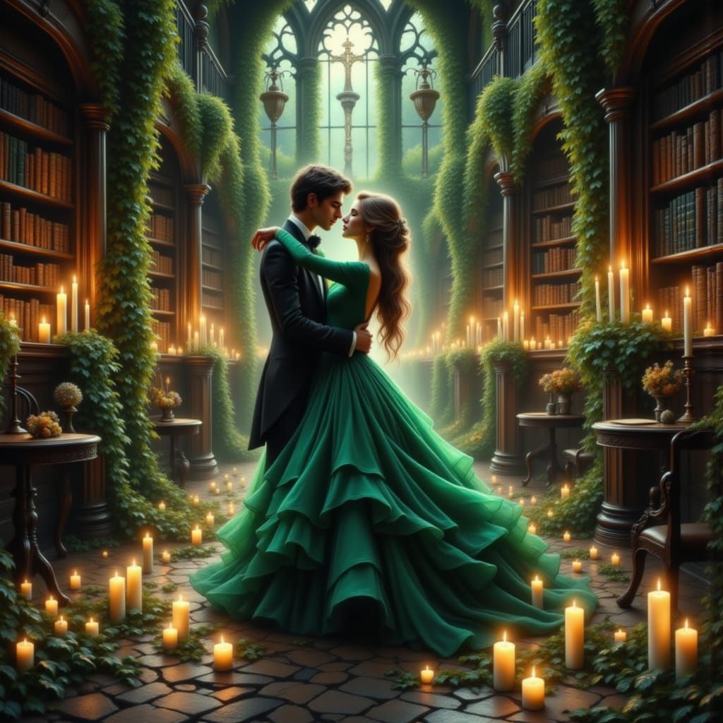 Couple Dancing in Castle Library, Dark Academia Style