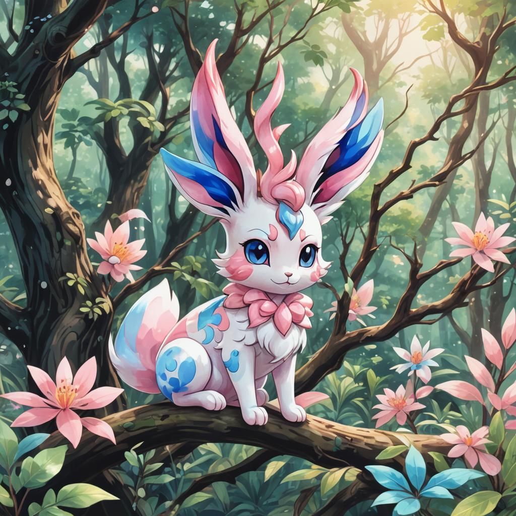 Sylveon in Lush Forest: Whimsical Digital Art