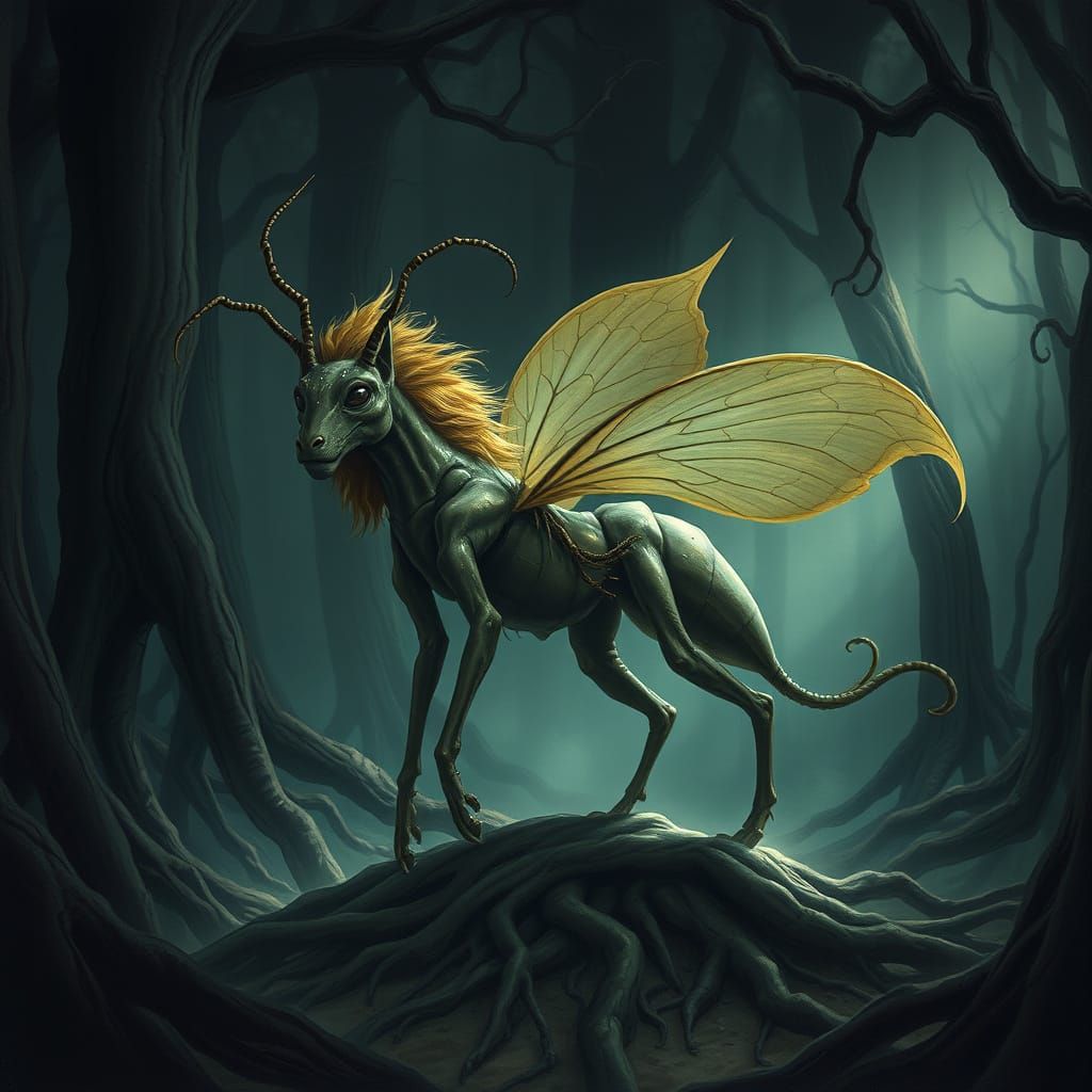 Myrmocoleon in a Haunting, Biomechanical Forest Landscape