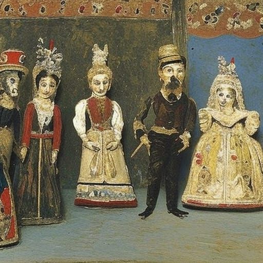 Puppets Held in Hands: Evokes Historical Painting