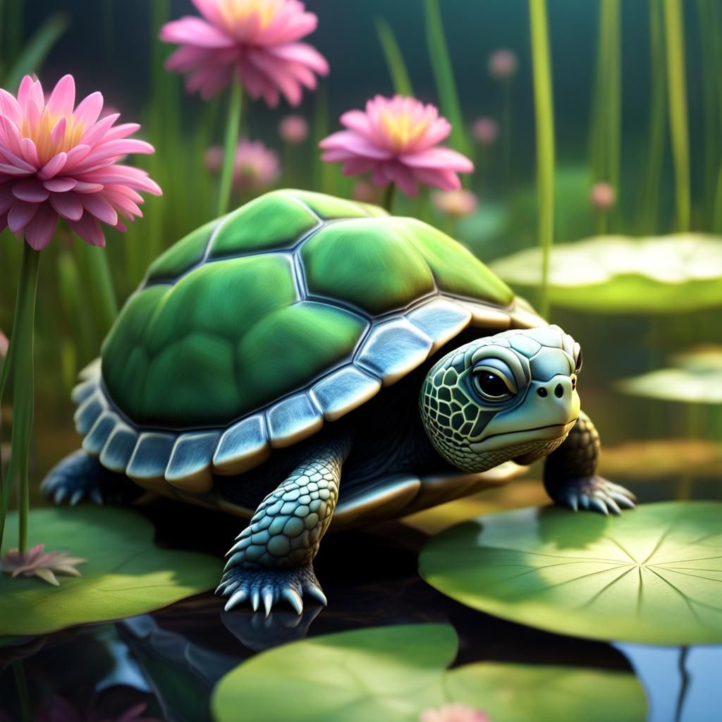 Adorable Fluffy Baby Turtle in Dreamy Pond