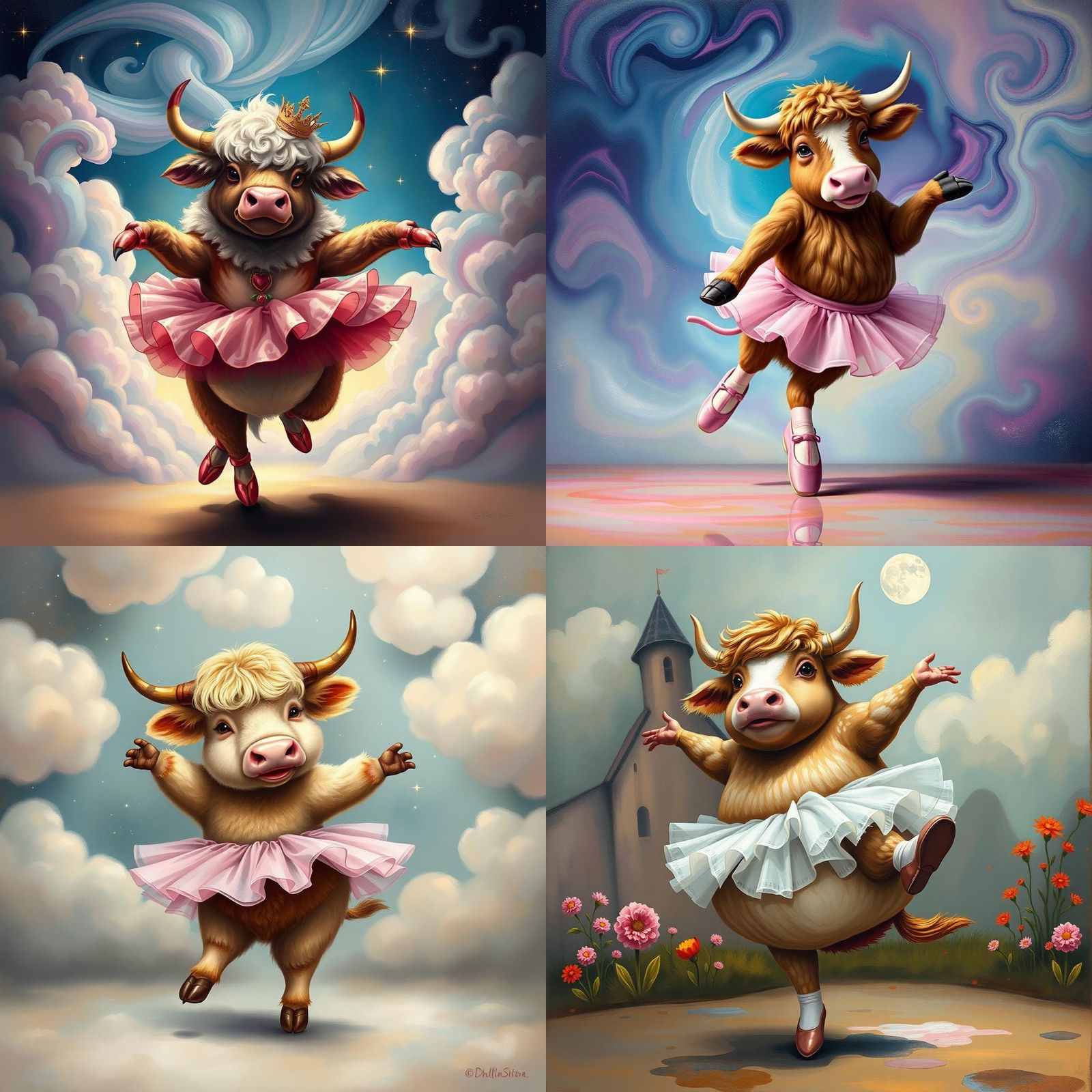 Anthropomorphic Highland Cow Ballet in Botero Style
