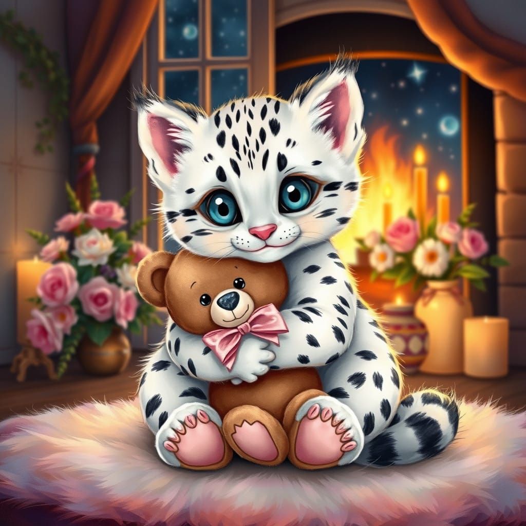 Happy Baby Bobcat Cozied Up with Teddy Bear