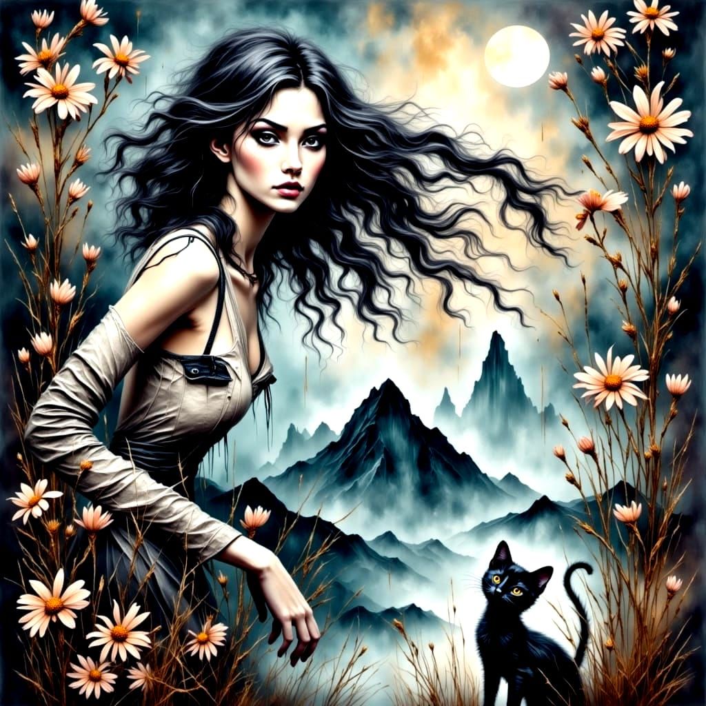 Gothic Dream Girl with Cat in Impasto Style