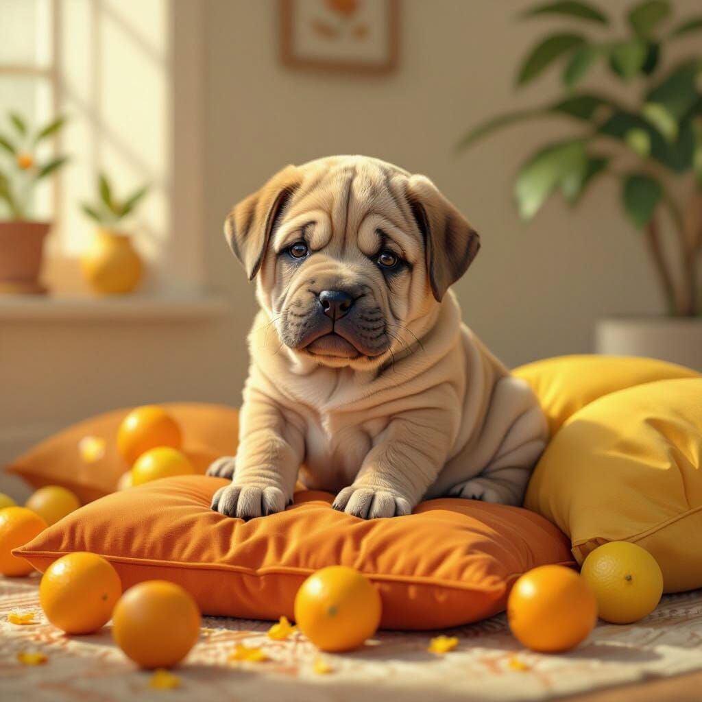 Wrinkly Sharpei Puppy on Pillows in Anime Style