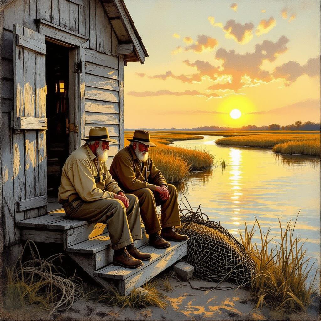 Rustic Fishing Shack Scene in American Painting Style