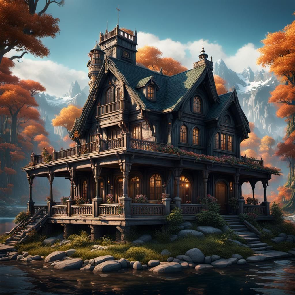 Fantastical Lakeshore Cabin Mansion: Detailed Matte Painting