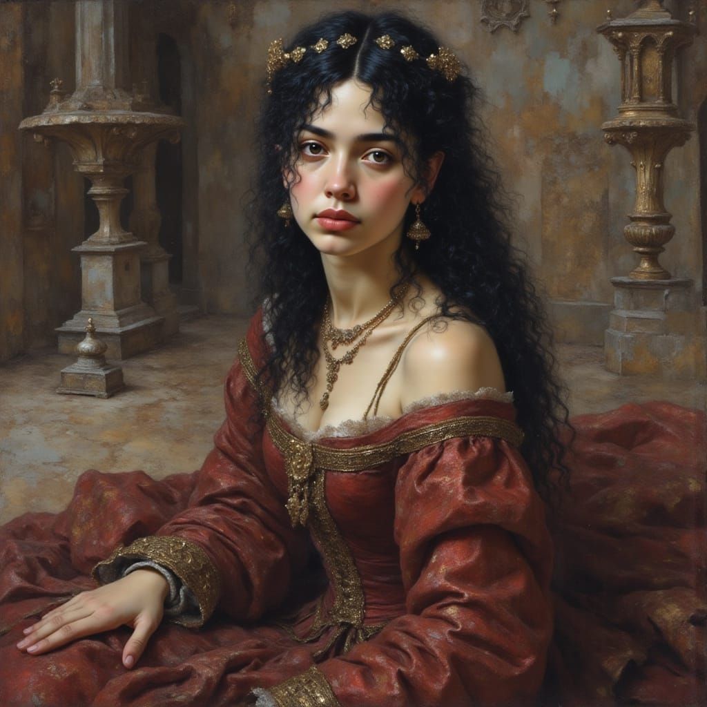 Young Woman in Castle Chamber, Hyperrealistic Oil Painting