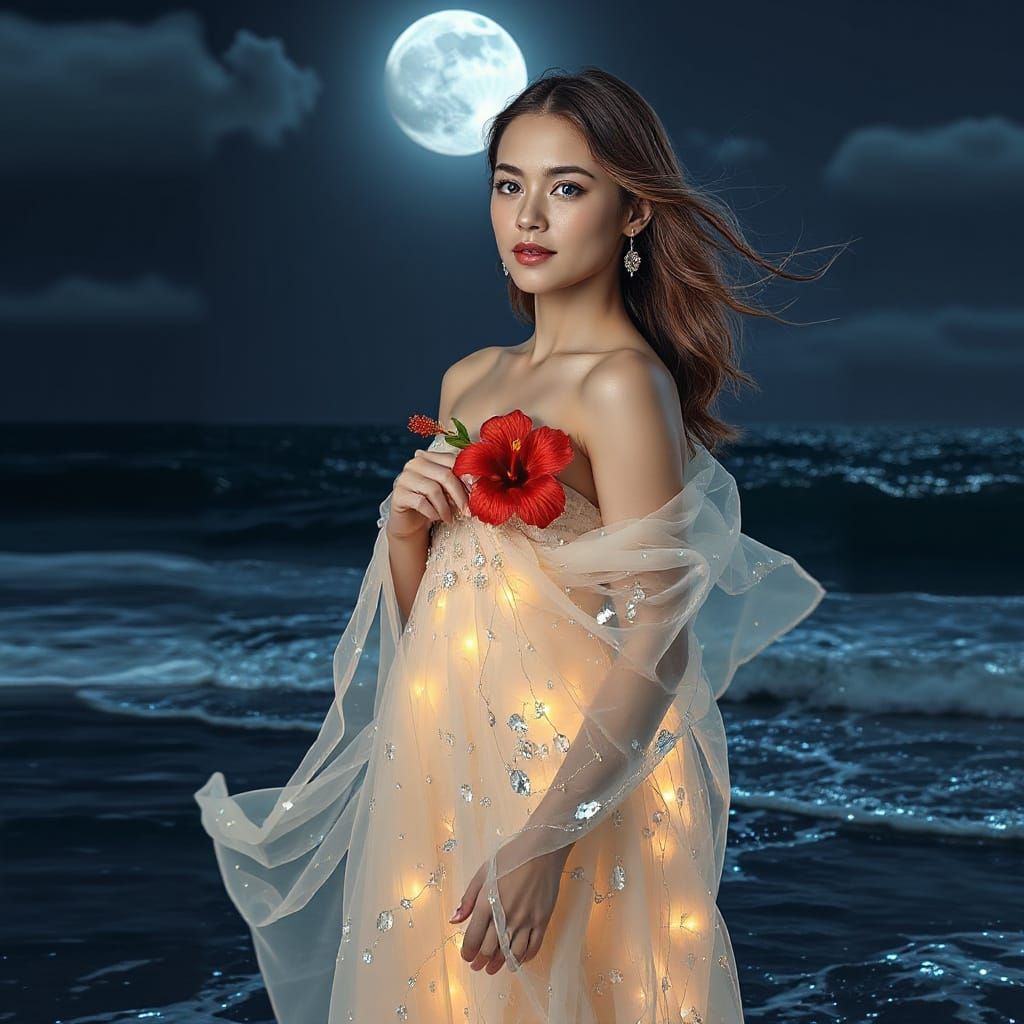 Starlight Woman on Moonlit Beach in Hyperrealistic Style