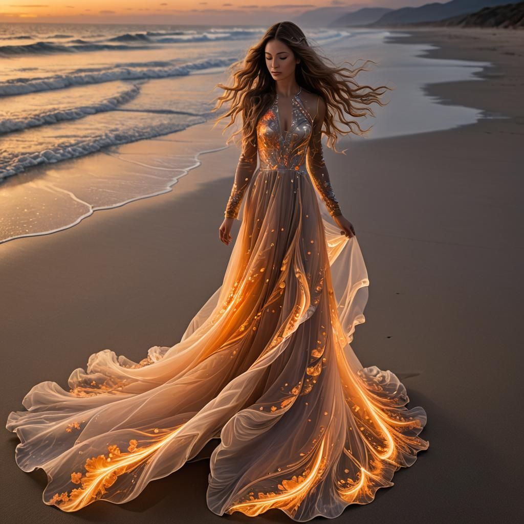 Woman on Glowing Beach with Fractal Dress