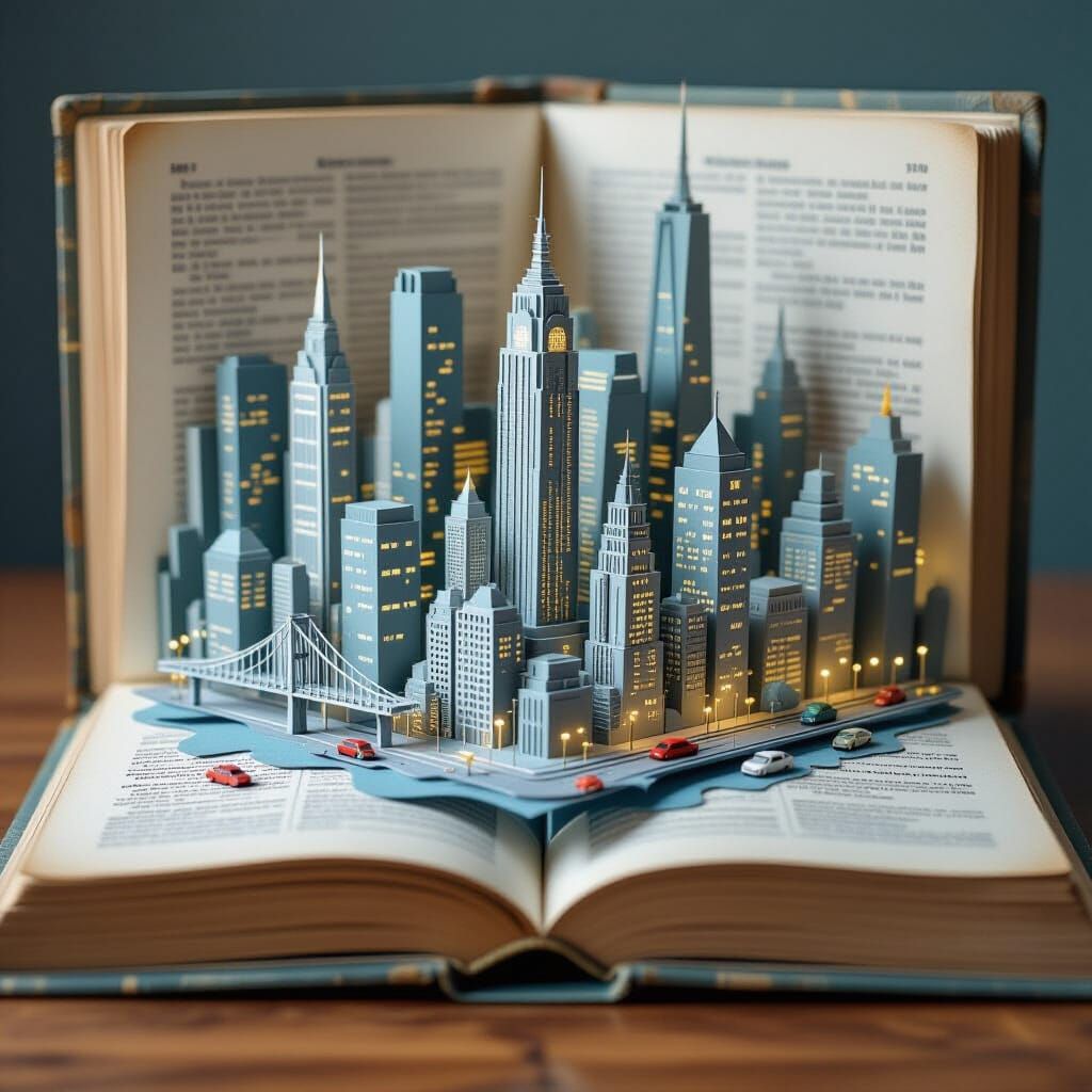 Intricate Paper City Emerging from Antique Book