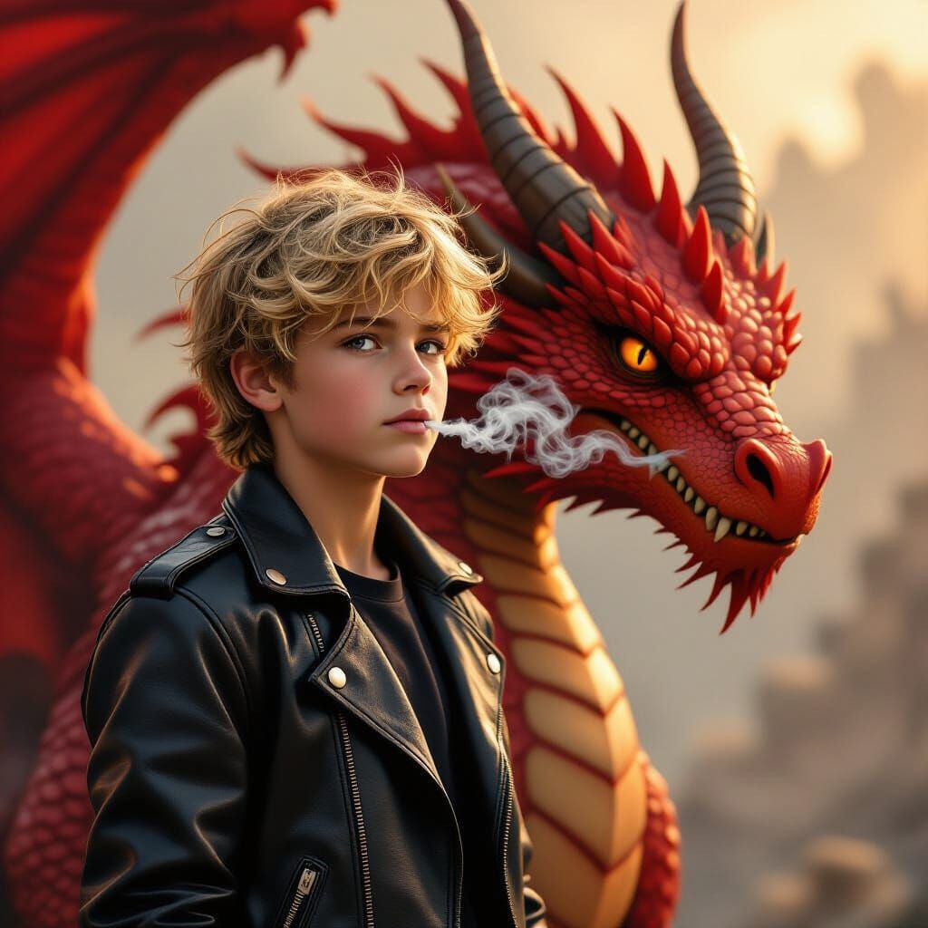Boy and Red Dragon in Digital Painting Style