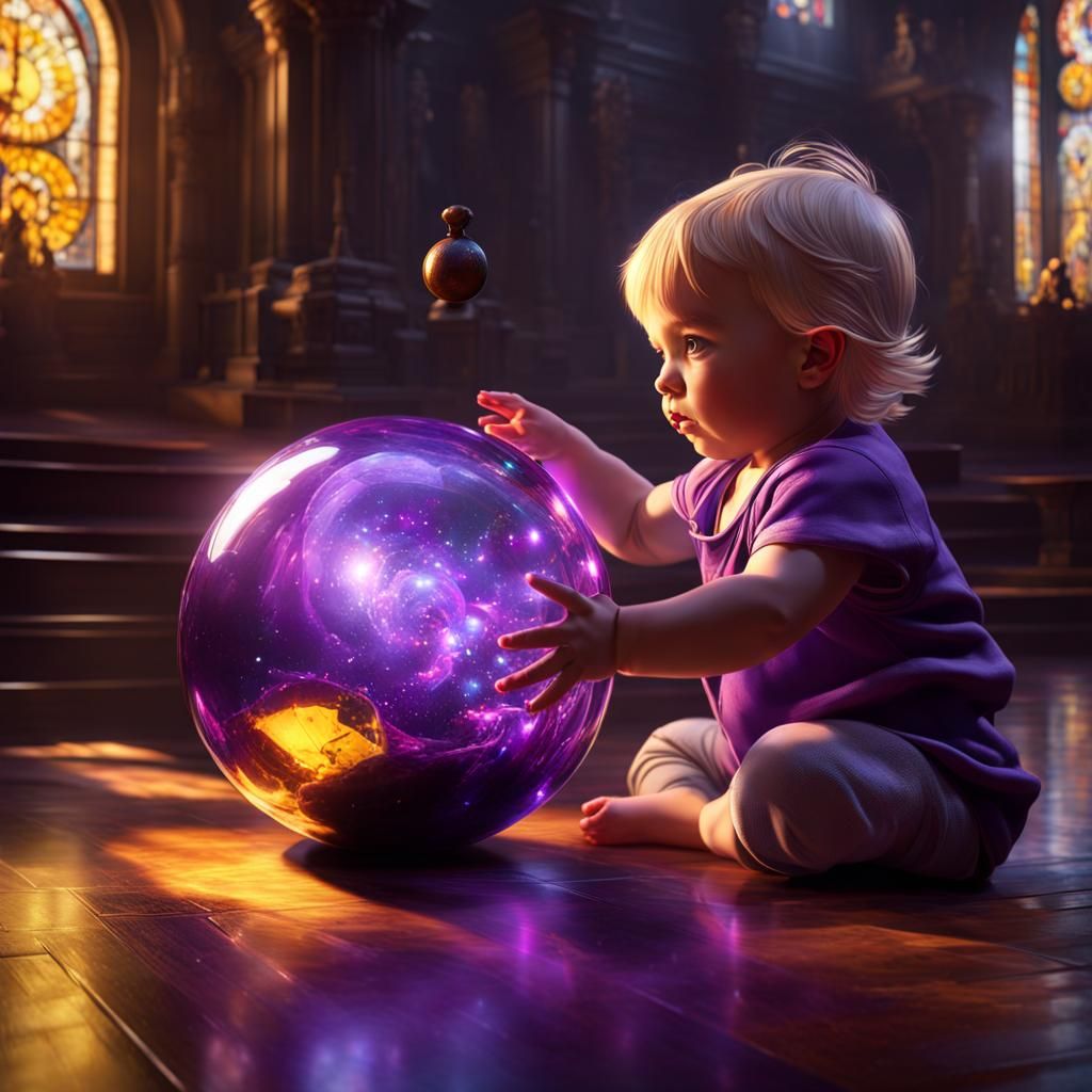 Toddler Plays with Glass Ball in Dark Fantasy Style