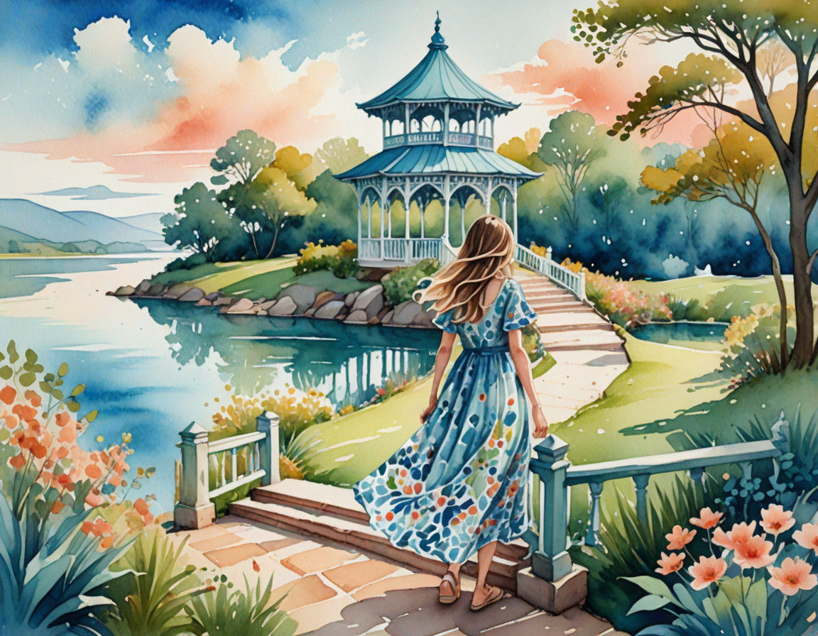 Whimsical Girl at a Serene Lakeside Gazebo in Soft Watercolo...