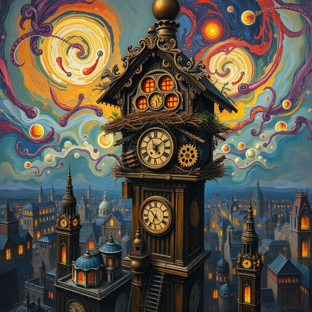 Abstract Impasto Oil Painting of Ornate Clock Tower Nest