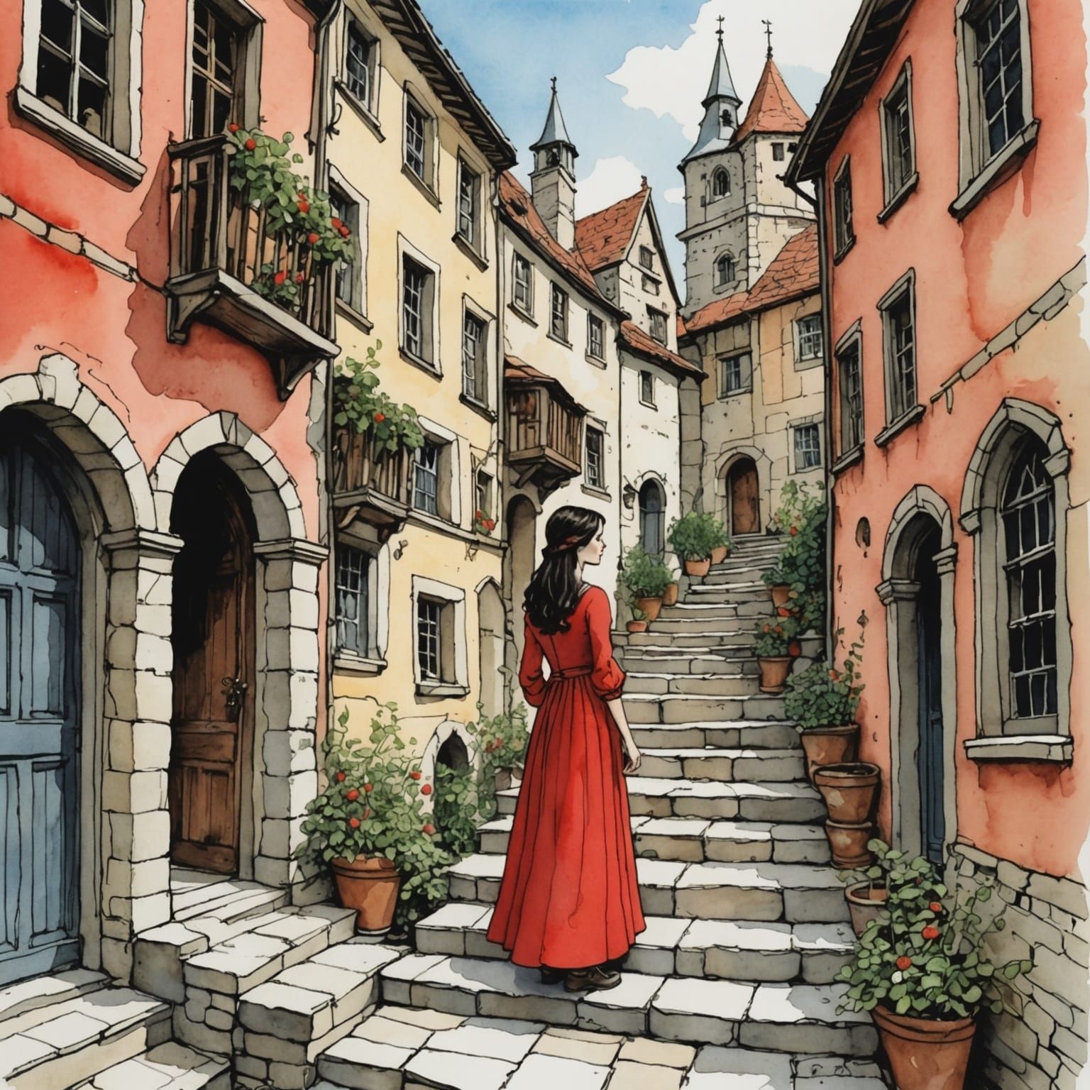 Medieval Maiden Descends Between Buildings: Storybook Illust...