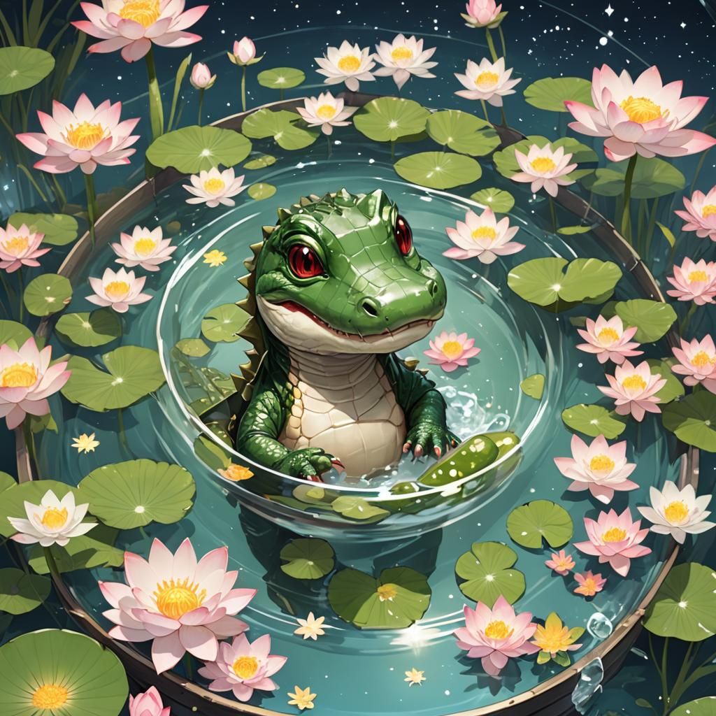 Baby Alligator's Starry Lotus Bath: Anime Style
