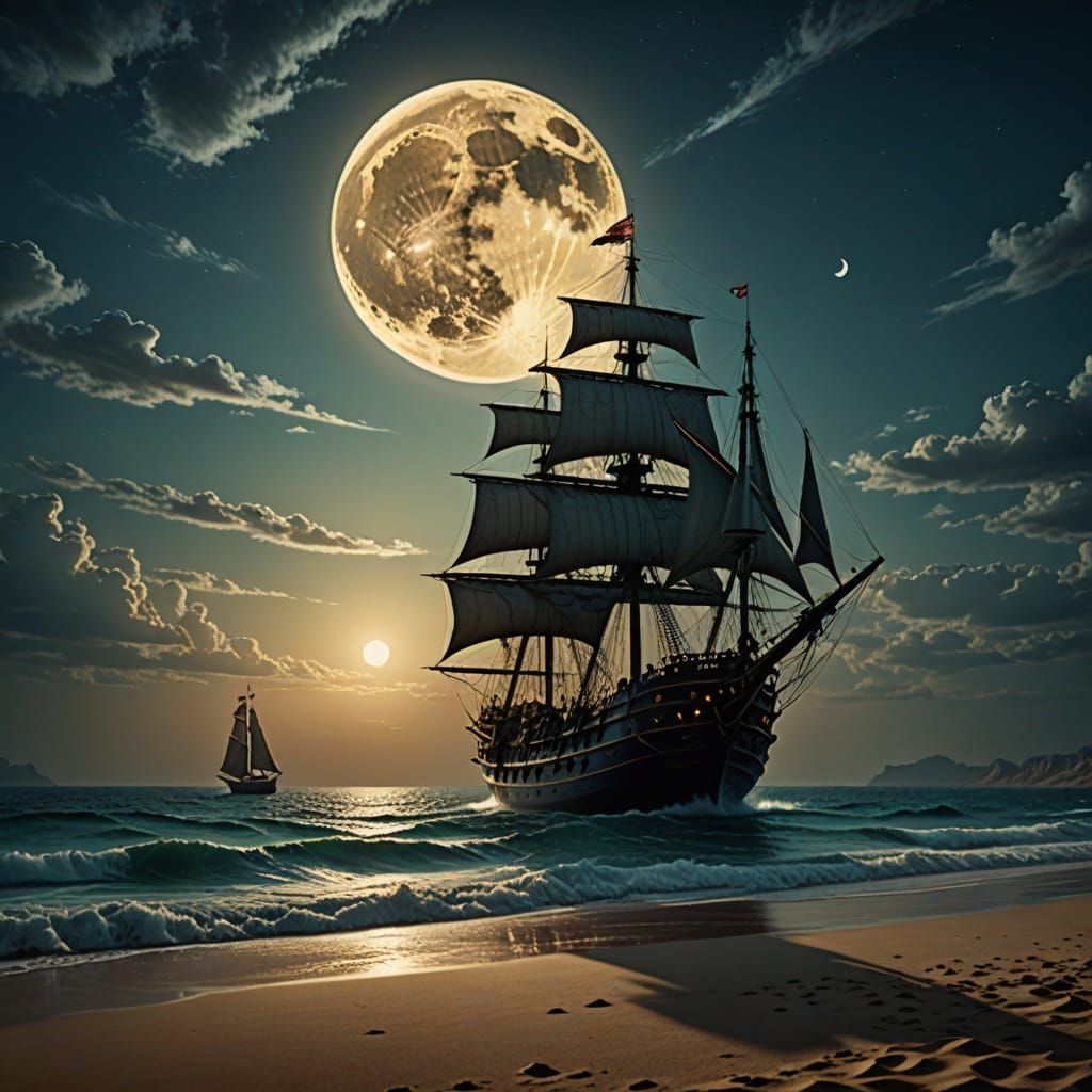 Arabesque Ship Sails Under the Moon: Hyperrealism