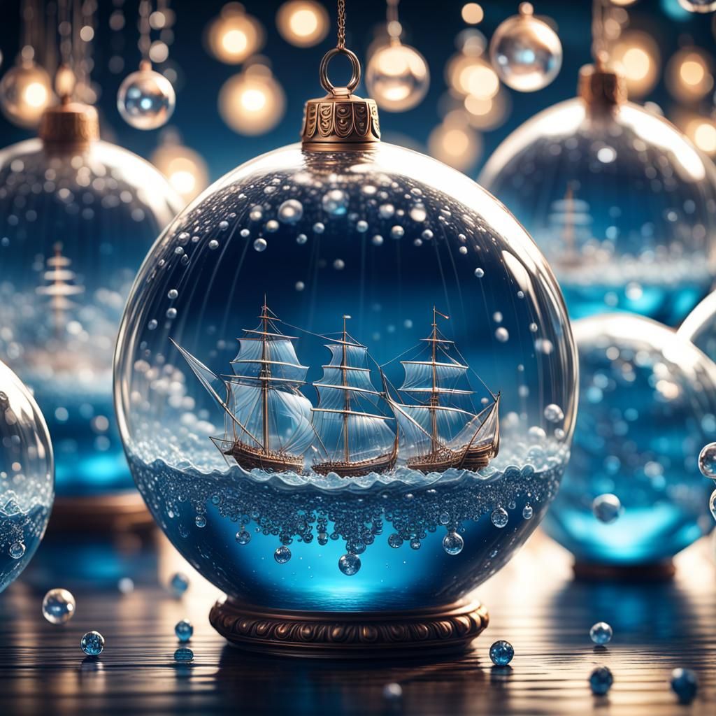 Crystal Baubles Encapsulating Renaissance Caravels at Night