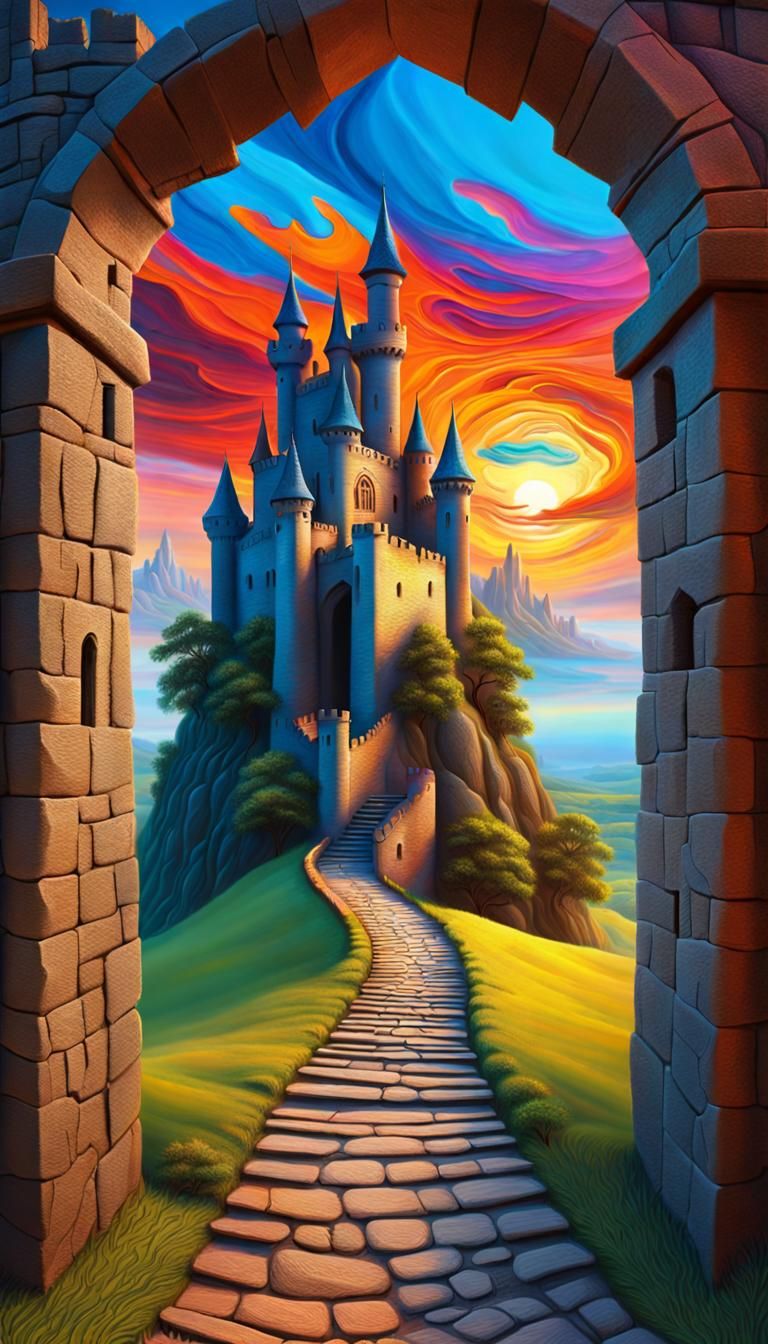 Castle Portal at Sunrise in Impasto Painting Style
