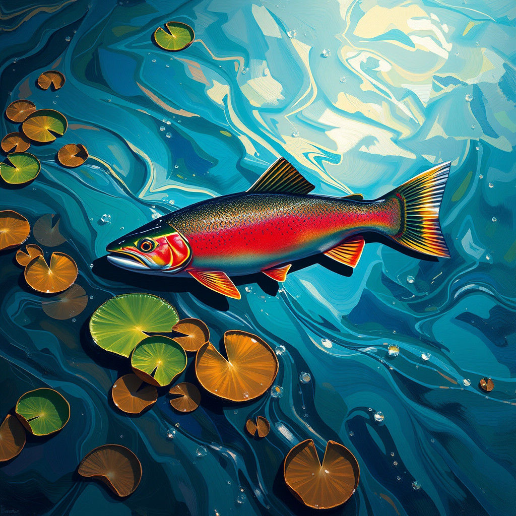 Impressionistic River Scene with Rainbow Trout Colors