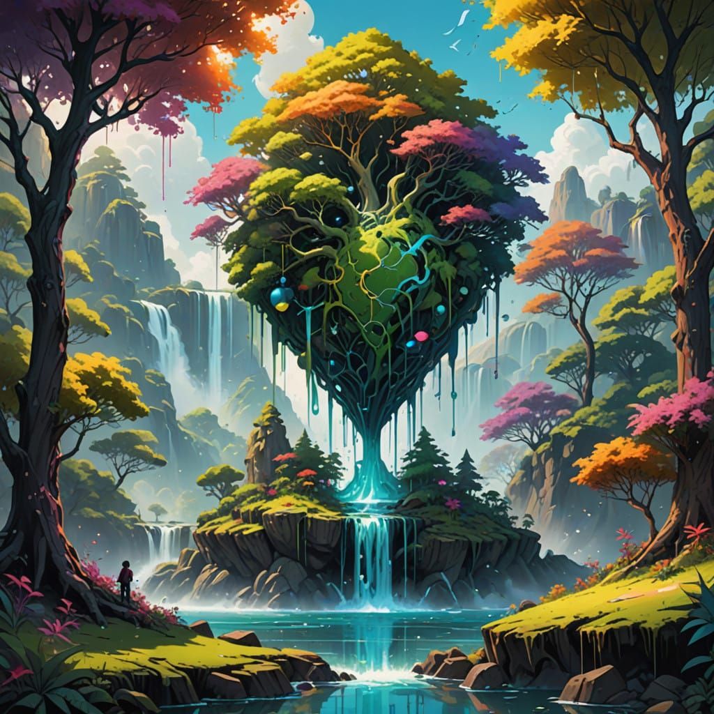 Heart-Shaped Island in Vibrant, Iridescent Wonderland