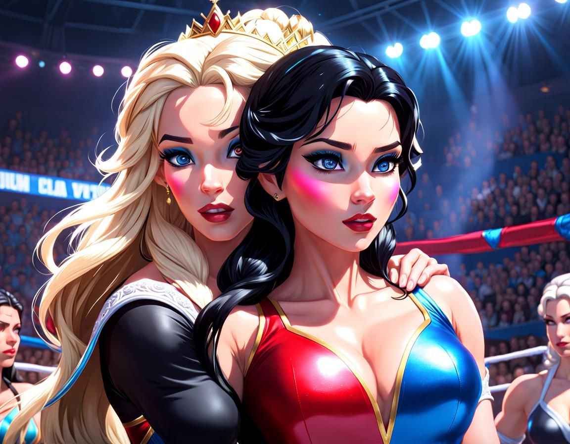 Elsa vs Snow White in the wrestling Arena. Elsa looks in charge