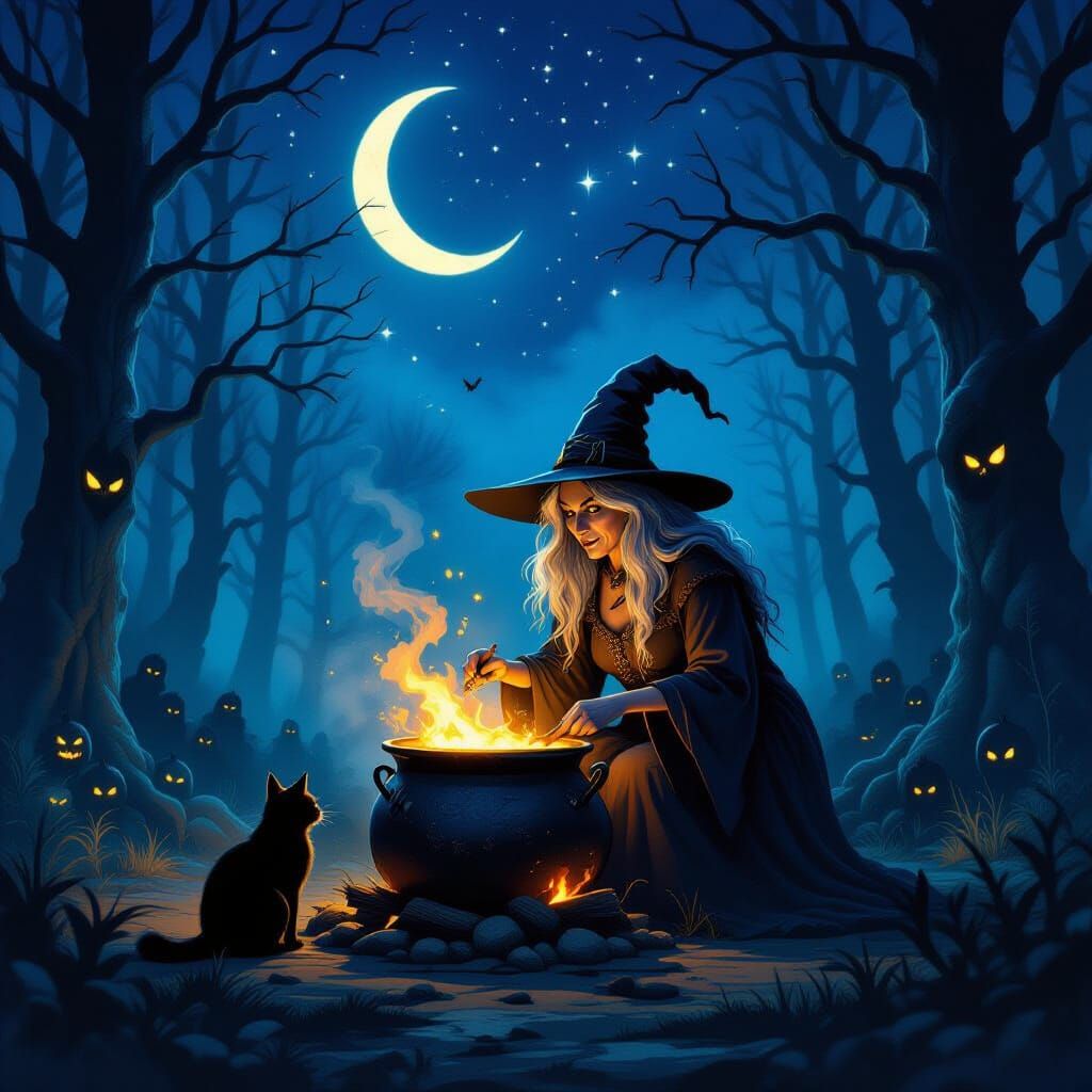 Ugly Witch and Familiar in Moonlit Creepy Forest