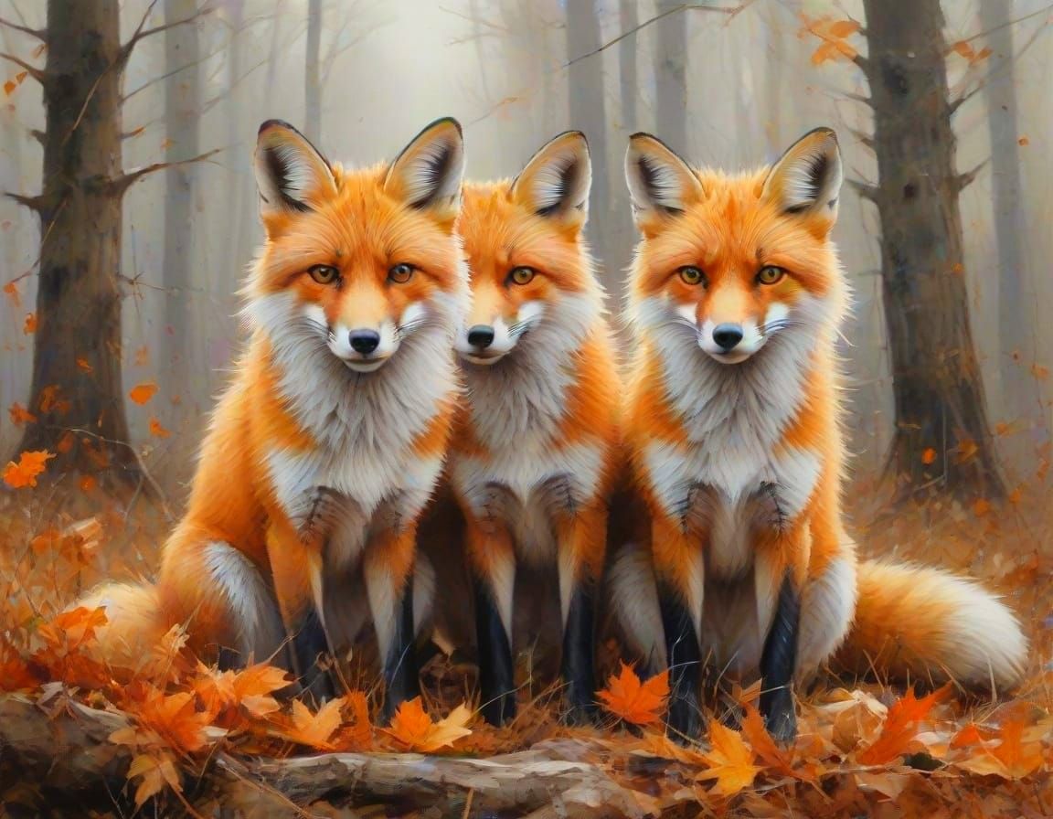 Two Red Foxes in Autumn Forest, Painterly Realism