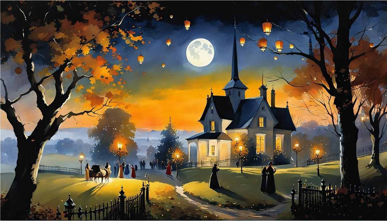 Festive Orchard Celebration Under Full Moon