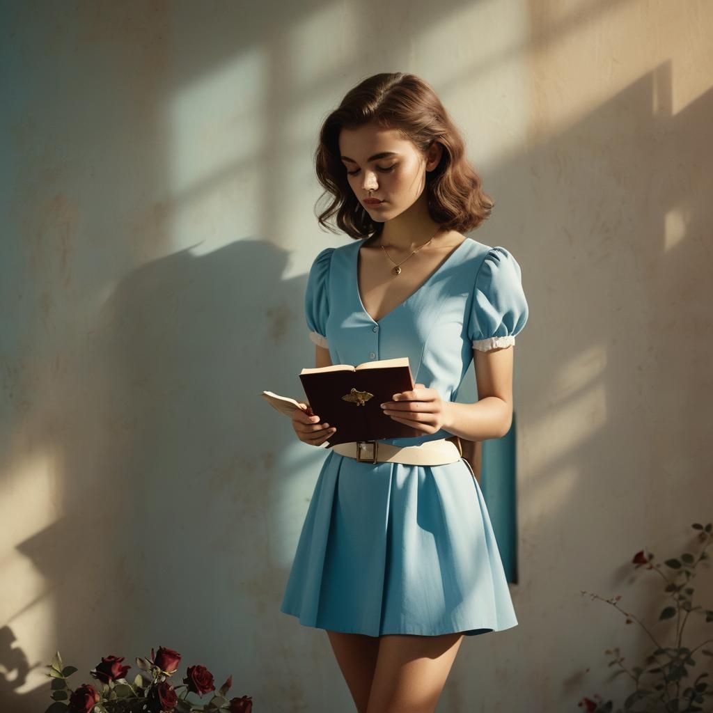 Nostalgic Young Woman Holds Vintage Diary with Maroon Rose