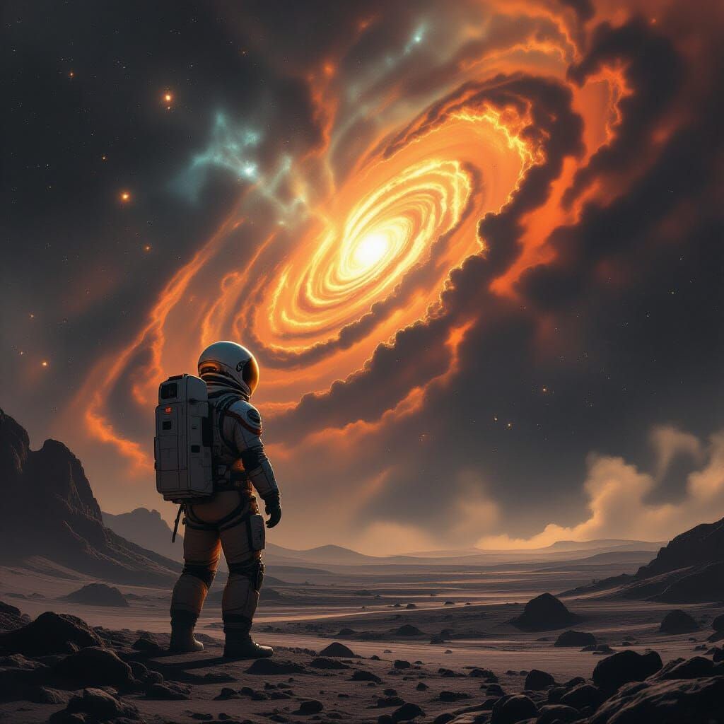 Astronaut Gazes at Nebula on Alien Planet